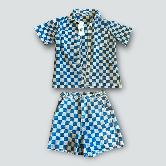 NWT JTYYF Checkered Denim Print Oversized Button Down Shirt and Shorts Set Sz S - Picture 1 of 7
